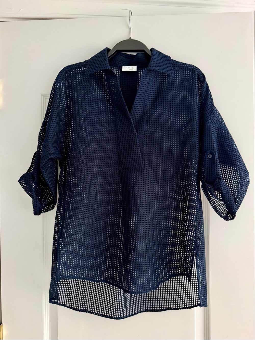 Akris Punto Navy Sheer Grid Mesh Collared Blouse